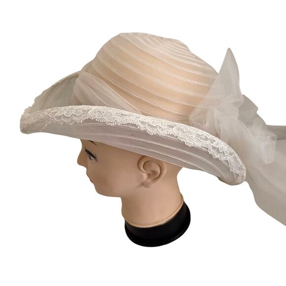 Vintage Bridal Wedding Veil Structured Hat Lace Tulle Bow Swirl Romantic OS main image 3